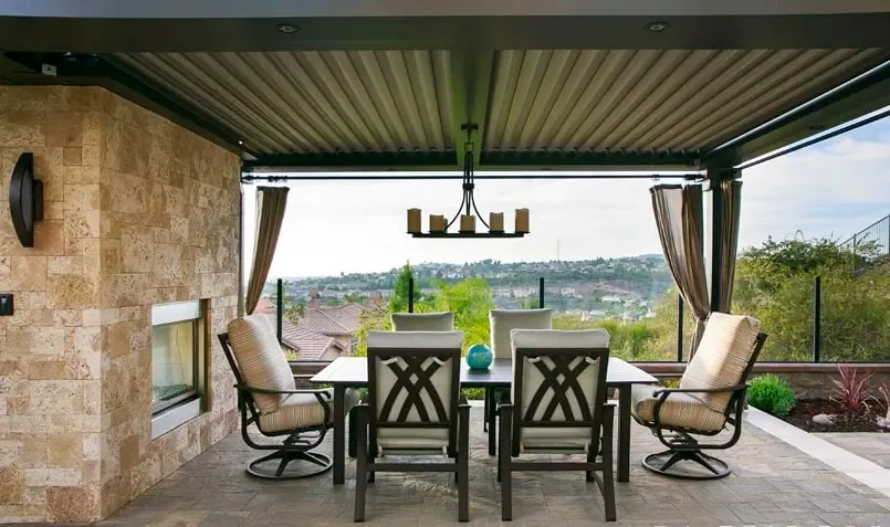 A stylish patio cover featuring plush seating, a cozy fireplace, and elegant decor, creating a warm and inviting space.